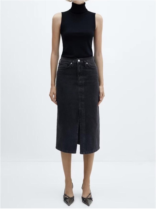 Mango Dresses & Skirts - Mango Black Front Slit  High-Waist Midi Denim Classic Skirt size Medium